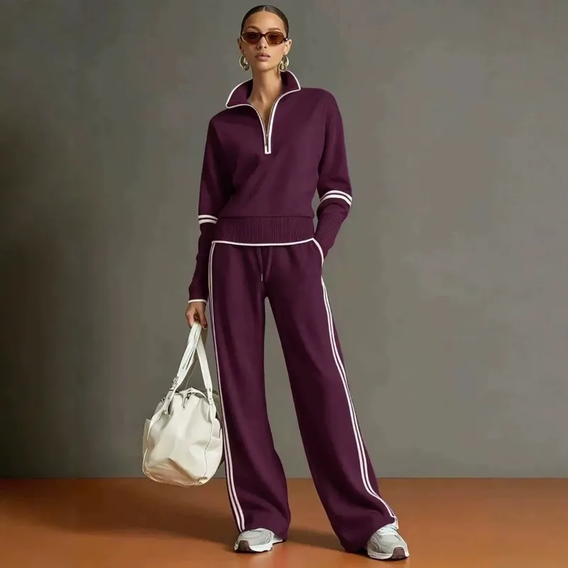 A New Casual Sportswear Set Featuring A Contrasting Color Stand-up Collar Hoodie Wide-leg Pants in A European and American Style
