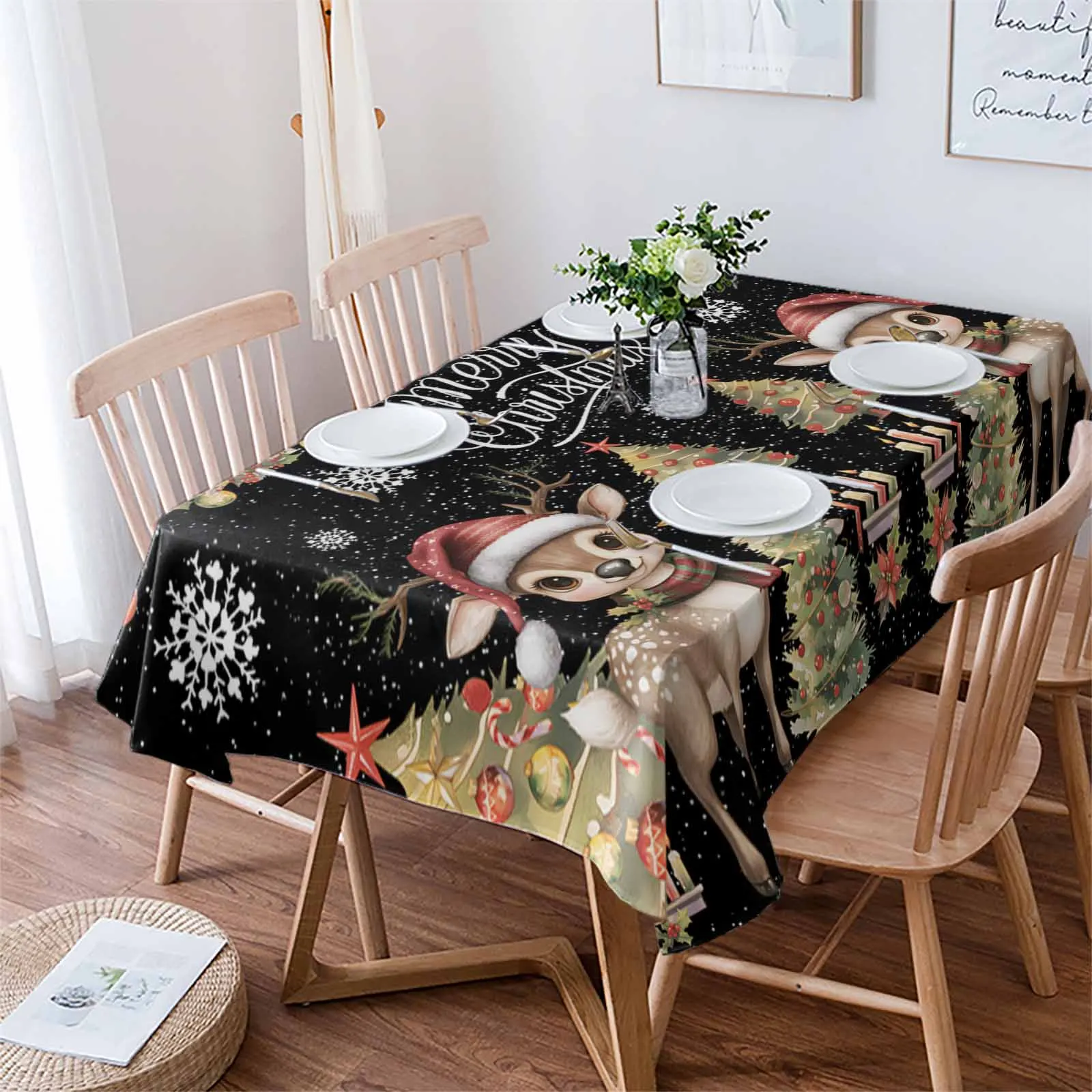 Christmas Winter Bell Wreath Deer Tablecloths Waterproof Kitchen Coffee Table For Living Room Home Decor Dining Table