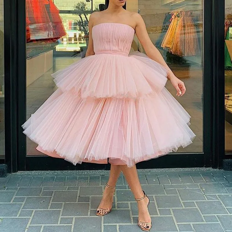 Vestido de baile curto em camadas cor-de-rosa feminino, vestido de baile inchado em camadas, sem alças, para noite, desfile, para mulheres, verão