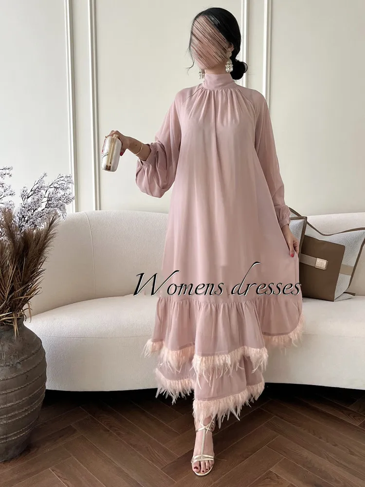 Feather Skirt Hem Evening Dresses Long Sleeve Womens Dresses 2024 Luxury Gown Multilayer Cocktail Prom Gown New فساتين الحفلات