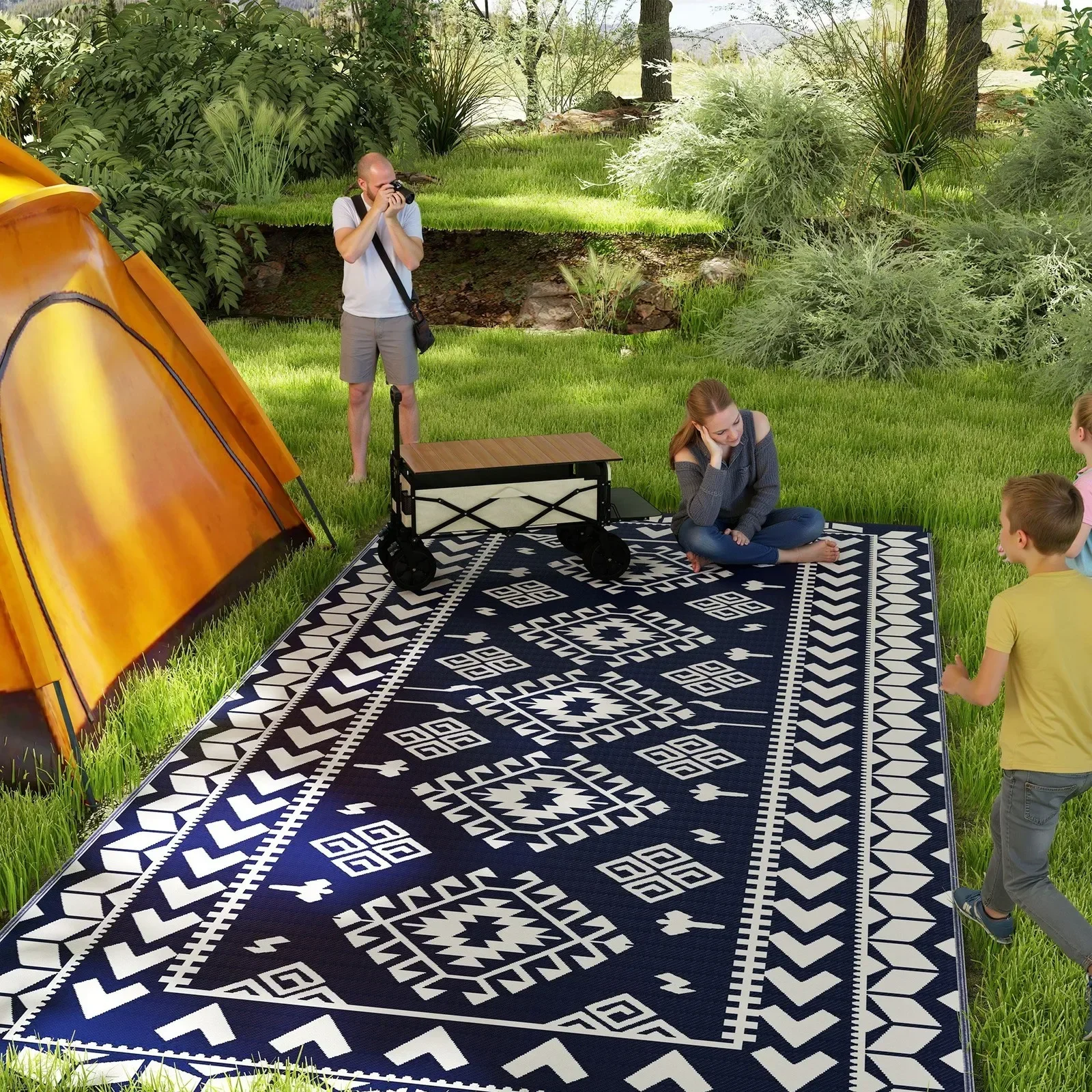 

Outdoor Rug, 9' x 18' Floor Mat, Blue White Rhombus Patchwork