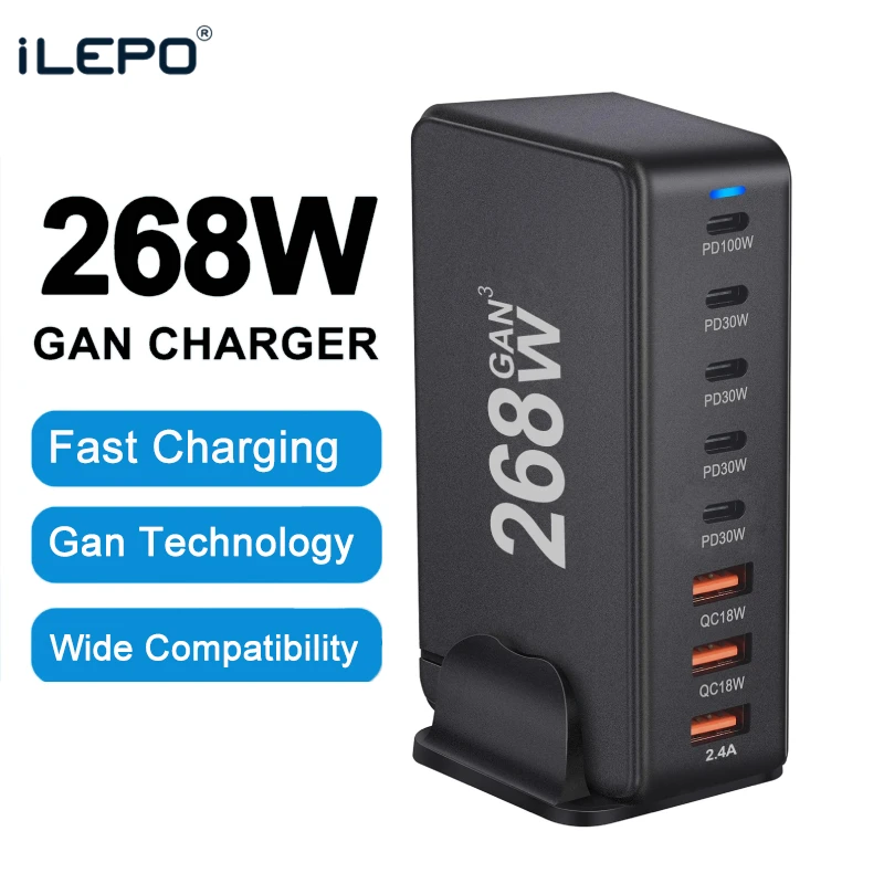 268W Desktop GaN Charger 8-port USB Type C PD Charger Fast Charge 3.0 USB Type C Fast Charger Mobile USB Charger for iPhone