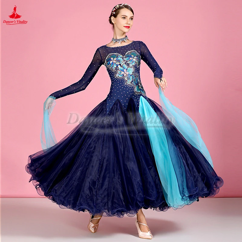 Dark Blue Hook Finger Long Sleeves Social Dance Perform Dresses Adult Waltz Foxtrot Quickstep Tango Contest Professional Clothes