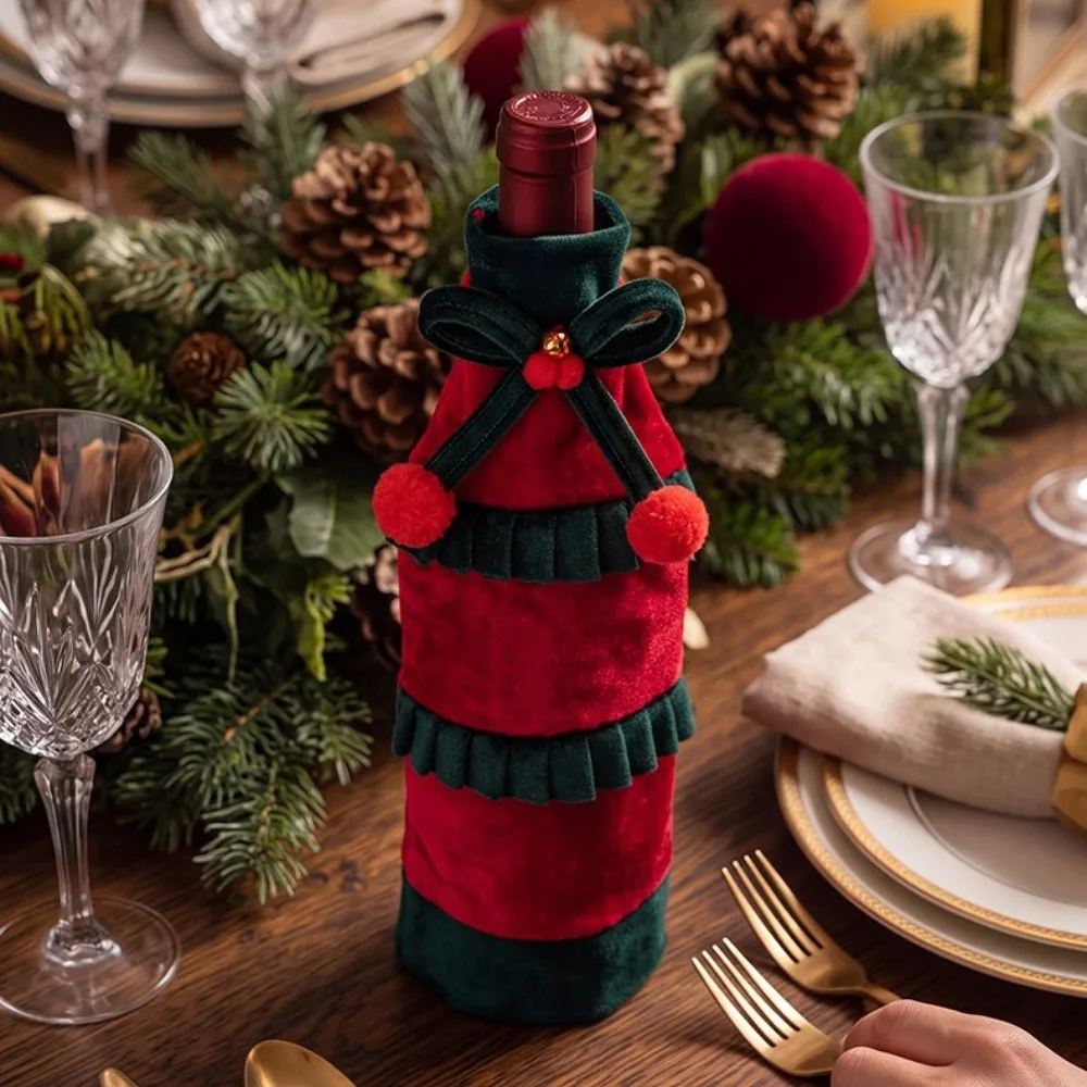 Bow Ruffled Christmas Velvet Bottle Cover 30cm 11.81in Velvet Wine Bottle Cover Bowknot Elegant Beer Bottle Cover