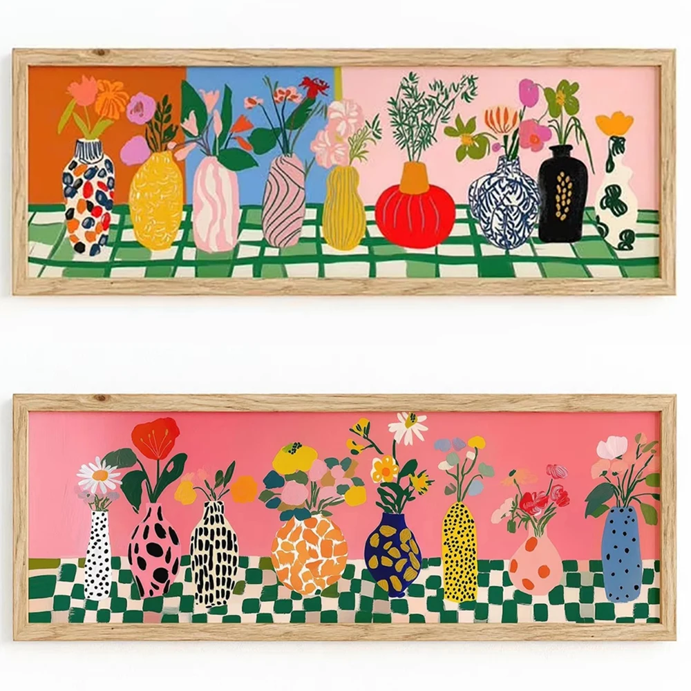 Large Abstract Matisse Style Floral Panoramic Canvas Prints, Unframed Modern Vase Canvas Wall Art for Living Room, Bedroom Decor