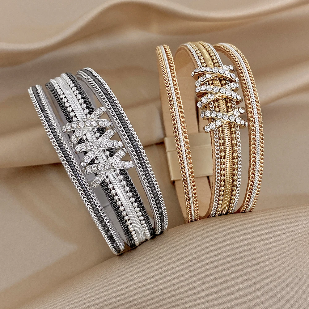 ALLYES Bohemianisches Strass-Streifen-Lederarmband für Damen, Vintage, mehrlagig, breites Wickelarmband, Charm-Schmuck – Detail 9