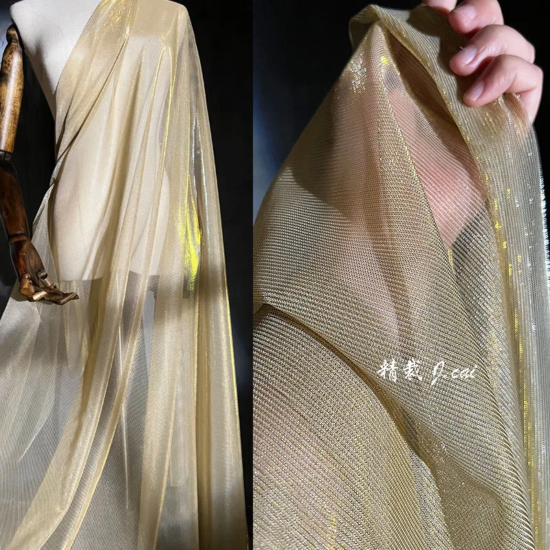 Light Gold Laser Illusion Hollowed Out Fabric Mesh Texture Mesh Dress Color Changing Perspective Hanfu Designer Fabric