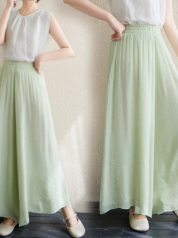 Pantalones de pierna ancha de lino y algodón para mujer, pantalones informales Retro holgados, pantalones de falda larga con cintura elástica fina