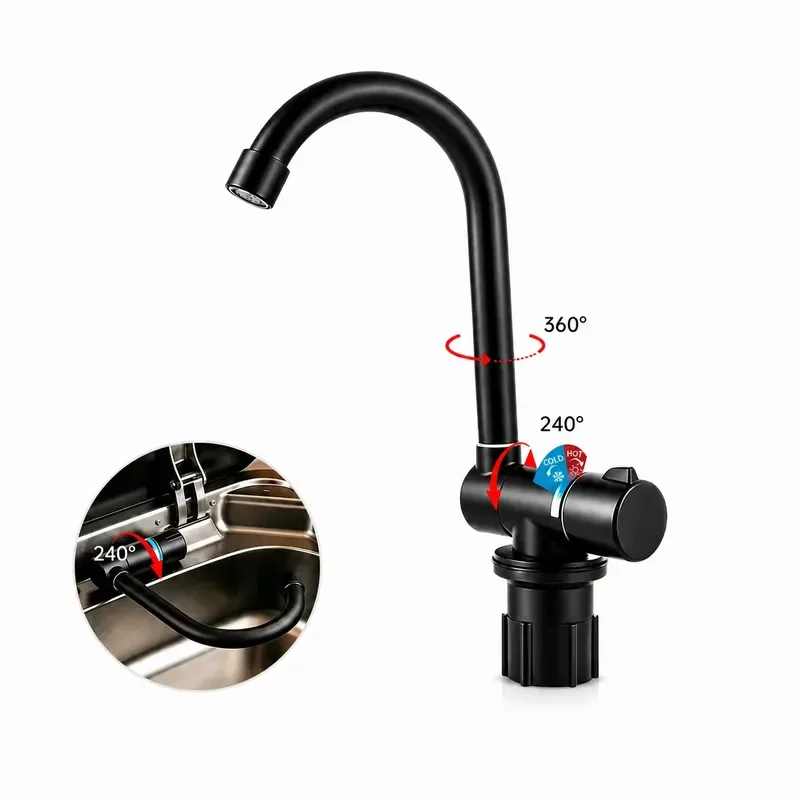 RV Foldable Hot Cold Water Faucet Black Stainless Steel Rotating Sink Tap for Camper Trailer Motorhome Kitchen
