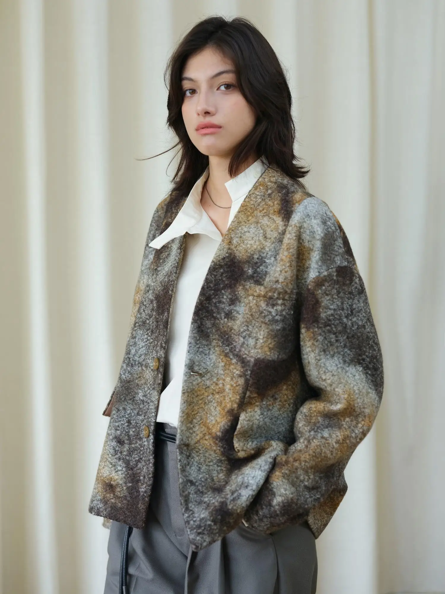 

Herz Stone Texture Woolen Nel Jaet Ele Versatile High-End Feel Original Design Women's ort Outerwear Coat