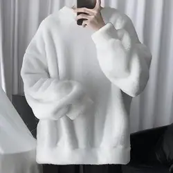 Lamb Wool Fleece Men Sweatshirt O Neck Loose Cozy Winter Pullovers Push Lining Fluffy Winter Sweatshirt Crew Neck Loose Hoodie