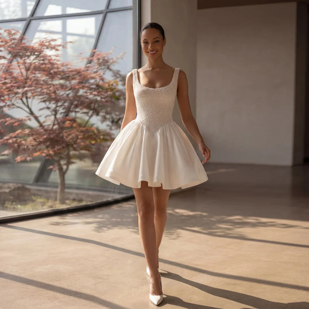 Short Beaded Wedding Dress O-Neck Sleeveless Satin A-Line Mini Luxury Bridal Gown for Elopement Reception 2026 Customized