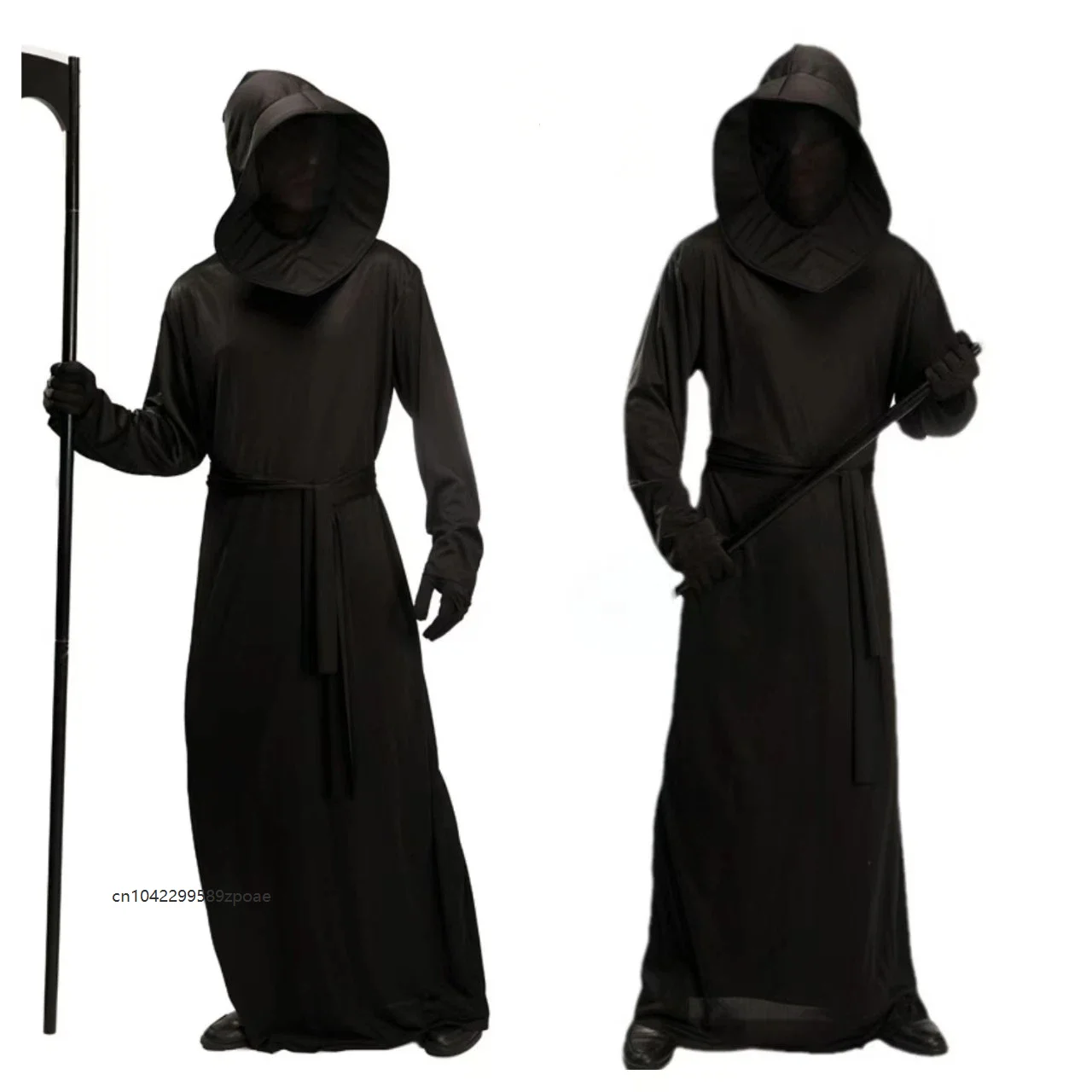 Grim Reaper Cosplay-Kostüm, Unisex, Karneval, schwarze Teufelskleidung, Purim-Party, Geister-Halloween-Robe mit Kapuze, Gürtel, Handschuhen, Outfit – Detail 1