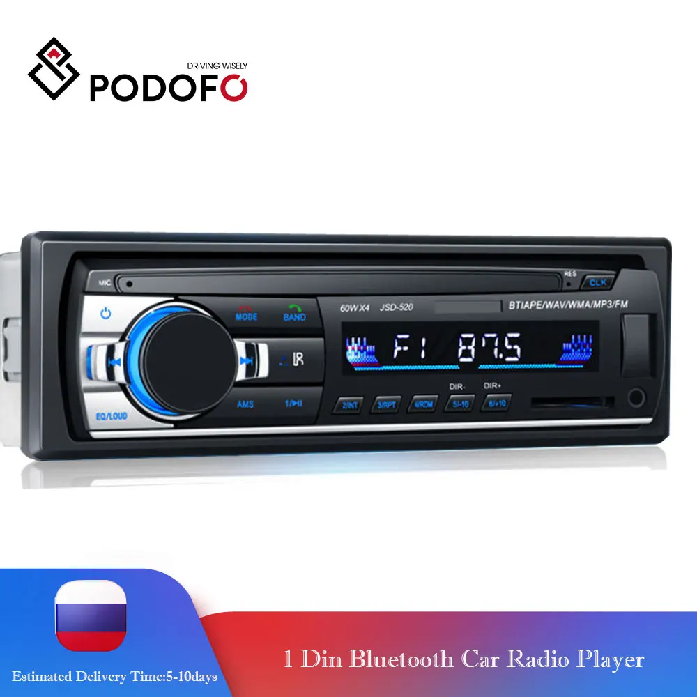 Podofo-Bluetooth Leitor multimédia automóvel, Auto-adio, Rádio, Estéreo, FM, Entrada auxiliar, Receptor, SD, USB, JSD-520, 12V, In-dash, 1 din,