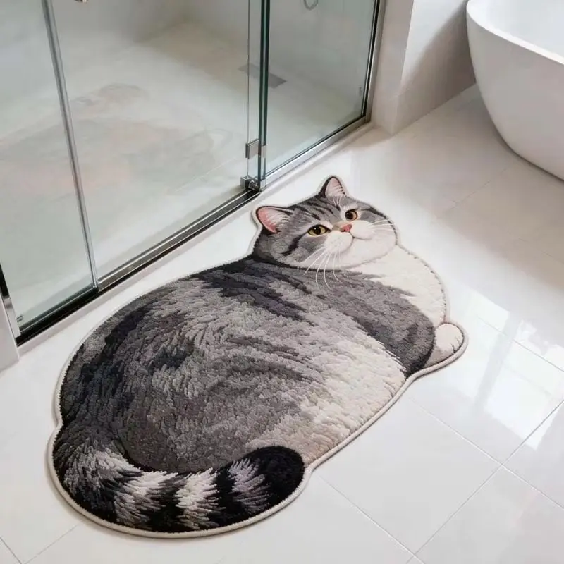 VIKAMA Special Pattern Tabby Cat Entry Rug Soft Anti-Slip Bathroom Floor Mat Shower Room Door Mat Home Decoration for Cat Lovers