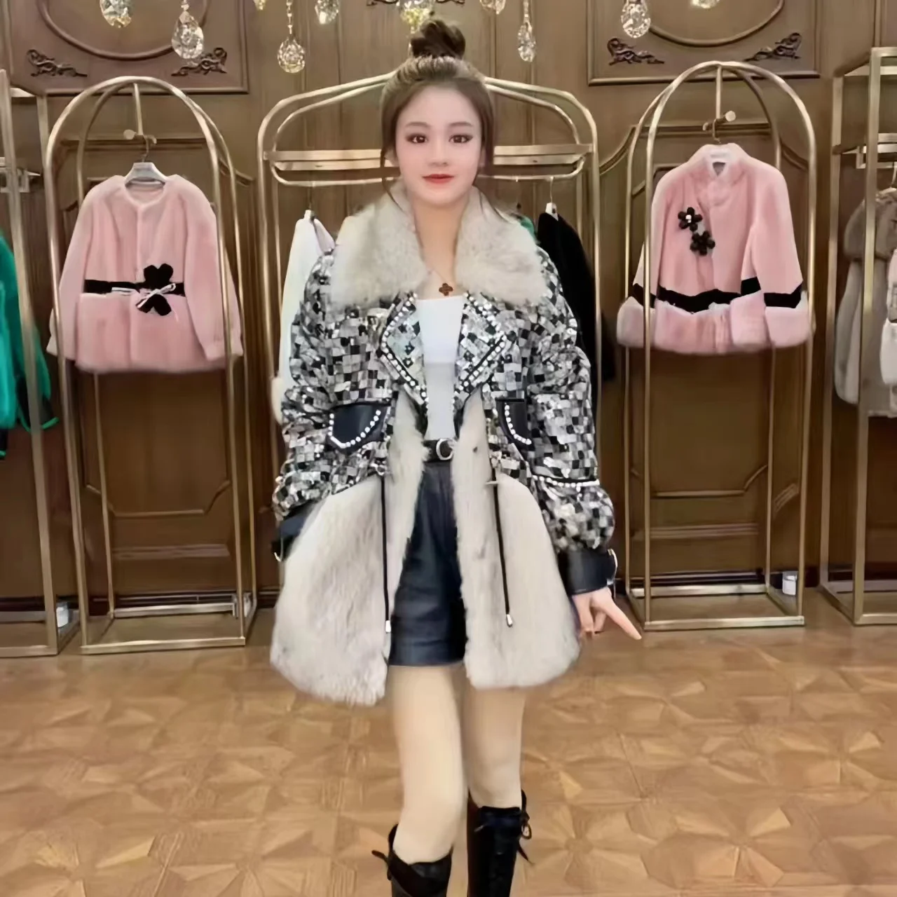 Faux Fox Fur Coats for Women, Covered Button Jacket, Adjustable Waist, Female Clothes, High Quality,Fur Collar,Spliced,Winter