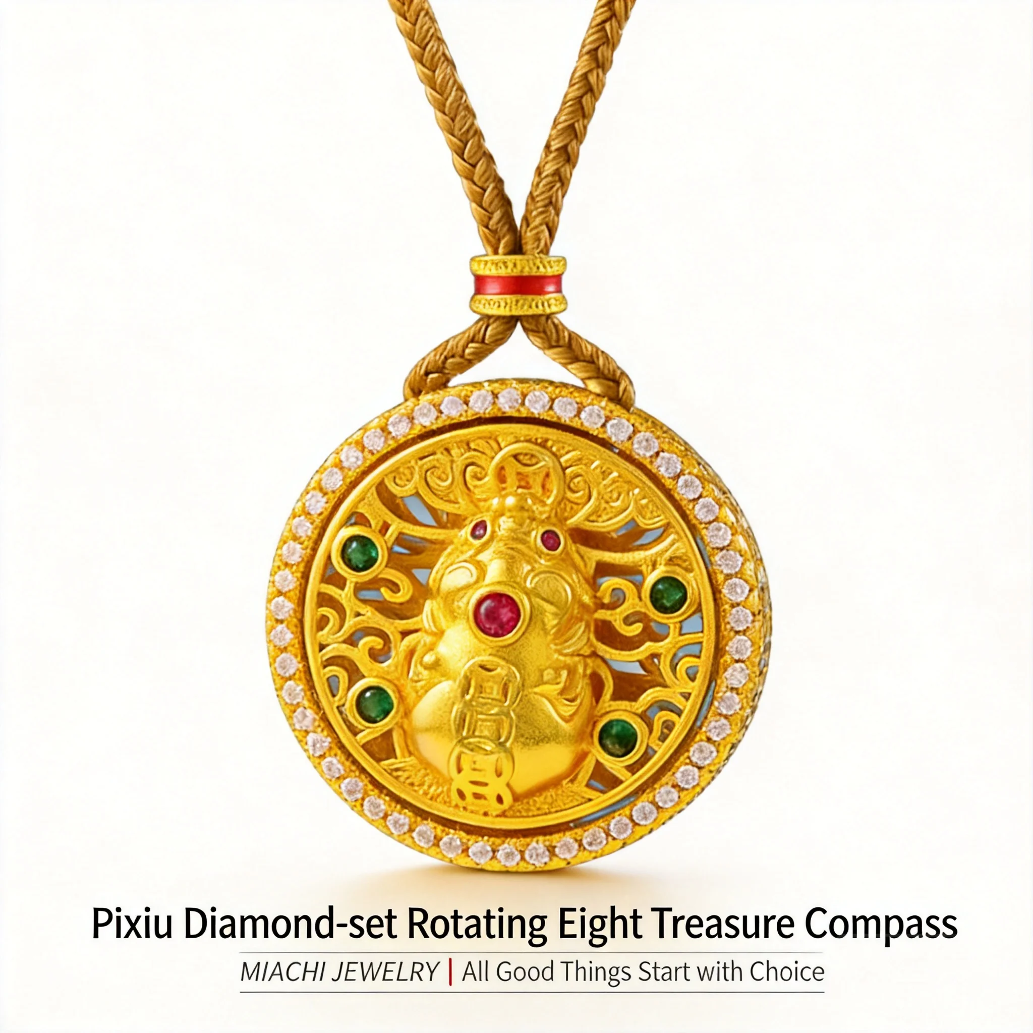 24k Gold Plated Chinese Traditional Lucky Pixiu Rotatable Eight Treasures Compass Pendant Necklace Inlaid Cubic Zirconia Wealth