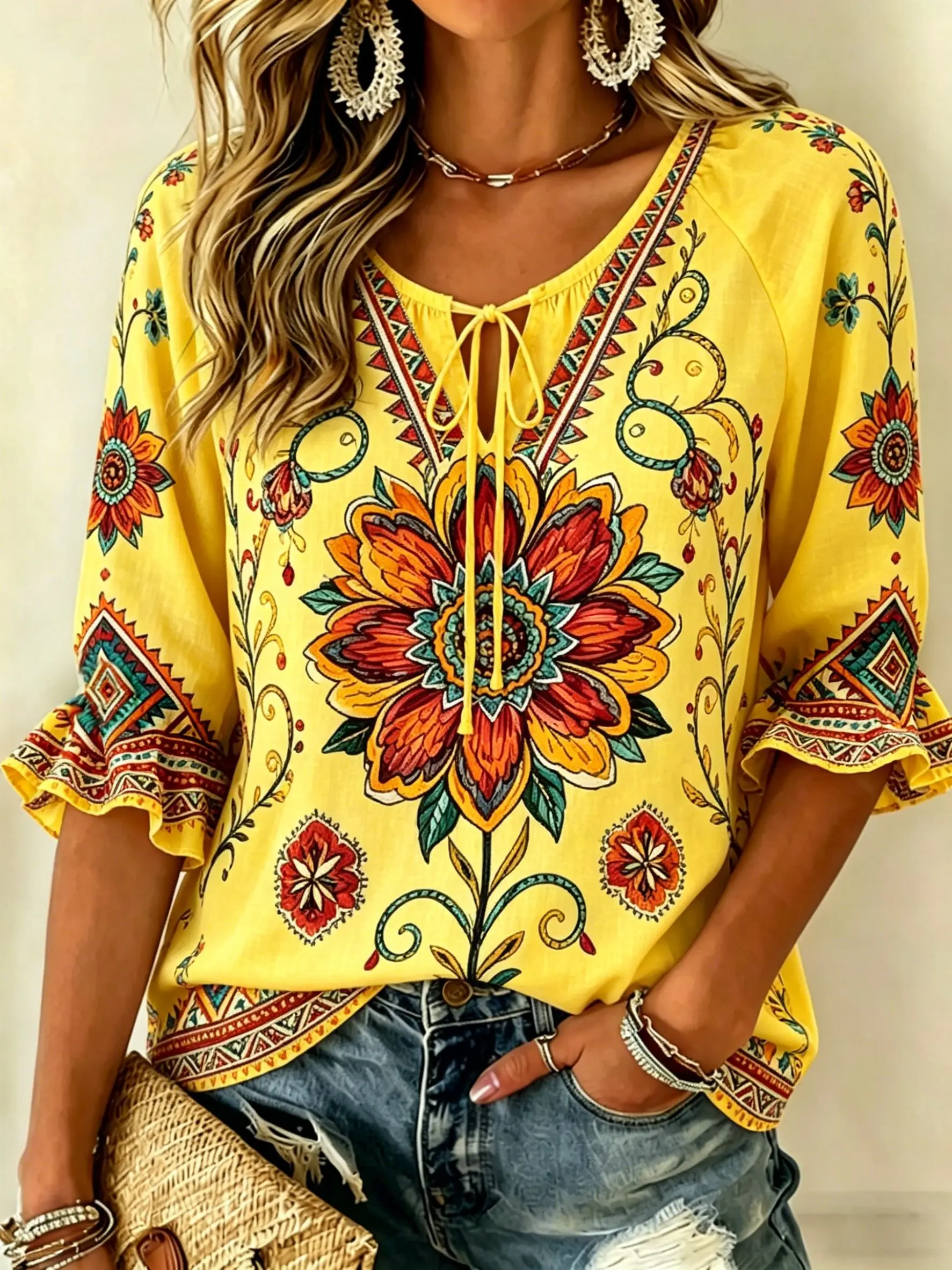 Women's Khaki Vintage Floral Print Tie Neck Blouse, Casual Loose Tops for Spring Summer Daily Wear & Vacation Occasions view 2