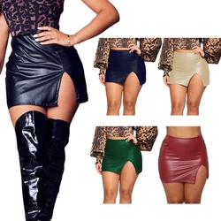 Women High Waist PU Leather Bodycon Short Skirt Side Split Solid Color Package Hip Mini Pencil Skirt for Club Party Daily Wear
