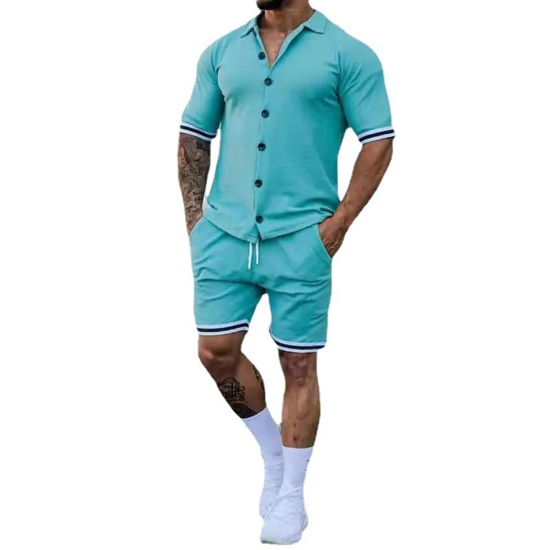 Men Short Set Summer Mens Track Suit Sets Custom Logo Solid Color Mens Button Short Sleeve Shirts Shorts Set Two Piece