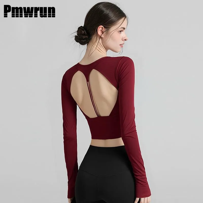 

PMWRUN Women's V - Neck Yoga Shirt With Long Sleeves And Open Back, Comfortable Quick - Dry For Daily Yoga Practice