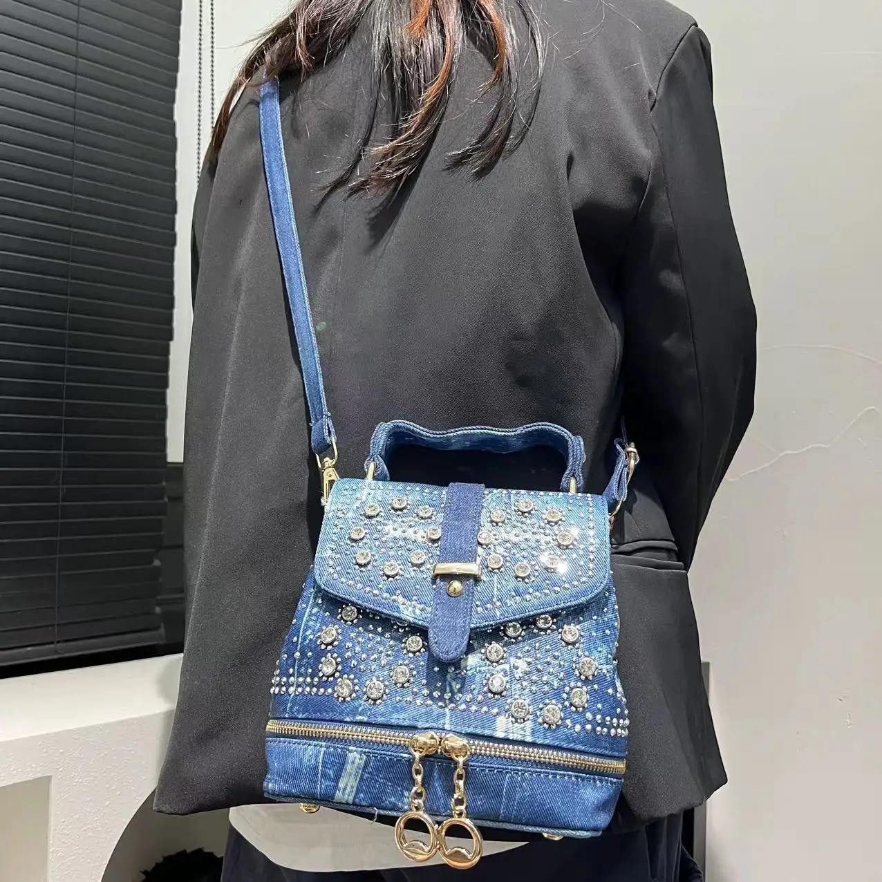 حقيبة ظهر جينز ماسية متعددة الوظائف ، حقيبة كتف أنيقة للنساء ، الموضة