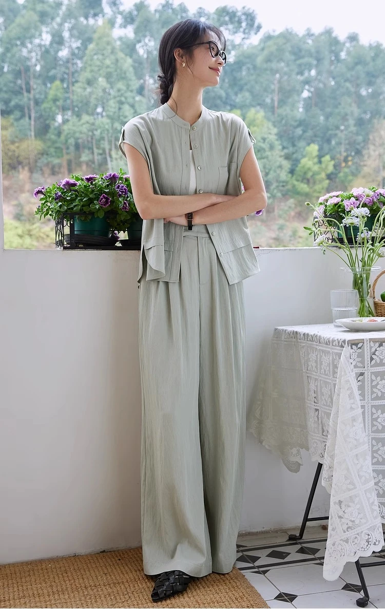 

VIMLY Women's 2025 Summer Two Piece Casual Sleeveless Set Cardign Round Neck Top Waist Wide Leg Pants Clothes for Ladies A0751