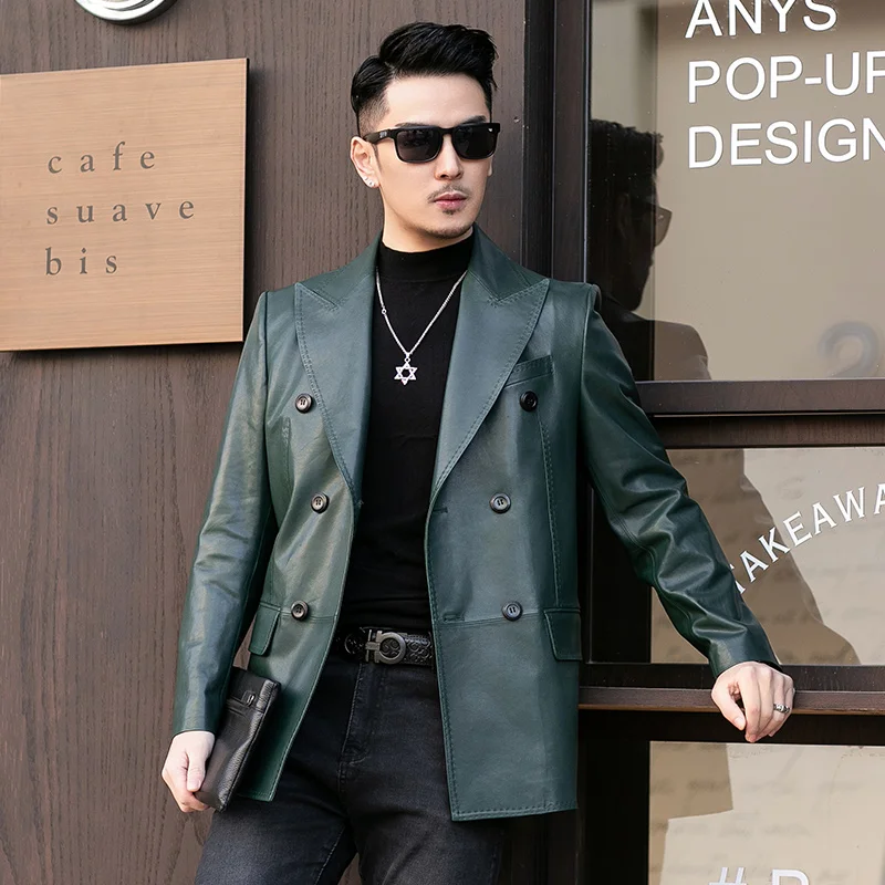 Spring New Genuine Leather Men\'s Suit Jacket Dark Green High Quality Sheepskin Thin Blazer Men Real Leather Business Casual Coat