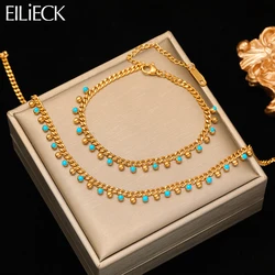 EILIECK 316L Stainless Steel Blue Beaded Necklace Bracelet For Women Girl Fashion Waterproof Chain Jewelry Set Holiday Gifts