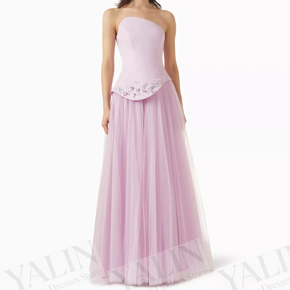 

Women's A-line Evening Dresses Floor-length Strapless Sleeveless Prom Gown Fashion Crystal Simple Draped Customized Gowns