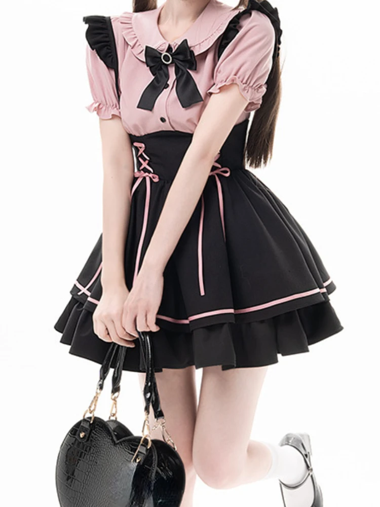 Japanese Kawaii Puff Sleeve Crop Top Bow Blouse Women Peter Pan Collar Shirts Lolita Casual Fairy Sweet Cute Y2k Pink Blusas