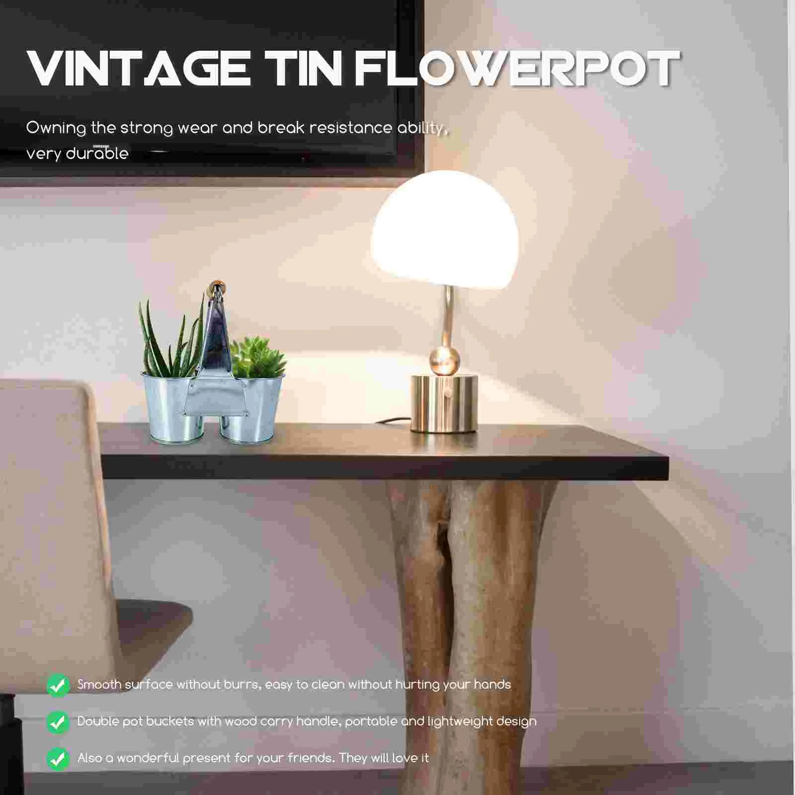 Tin Succulent Flower Pot Iron Metal Bucket Floral Arrangement Vase Pots Planting Wood Handle