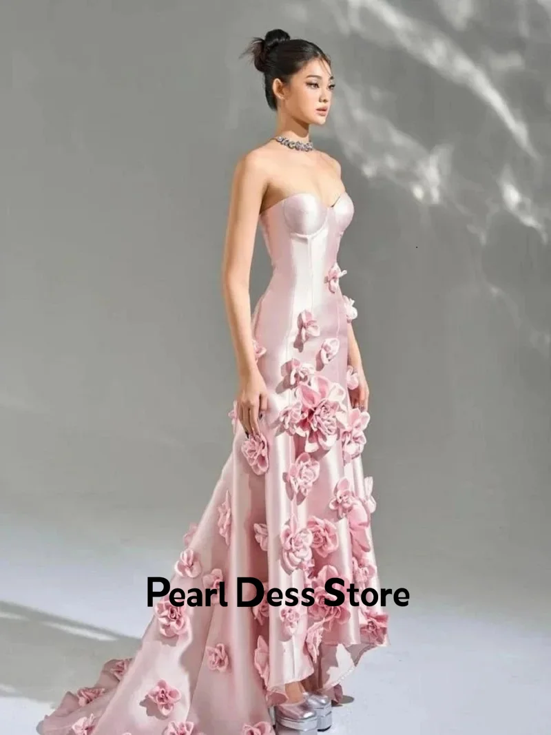 Pearl Evening Dresses Woman Elegant Chic Dress Es Satin Elegant Formal Dresses for Women 3D Flowers Off the Shoulders Long Skirt