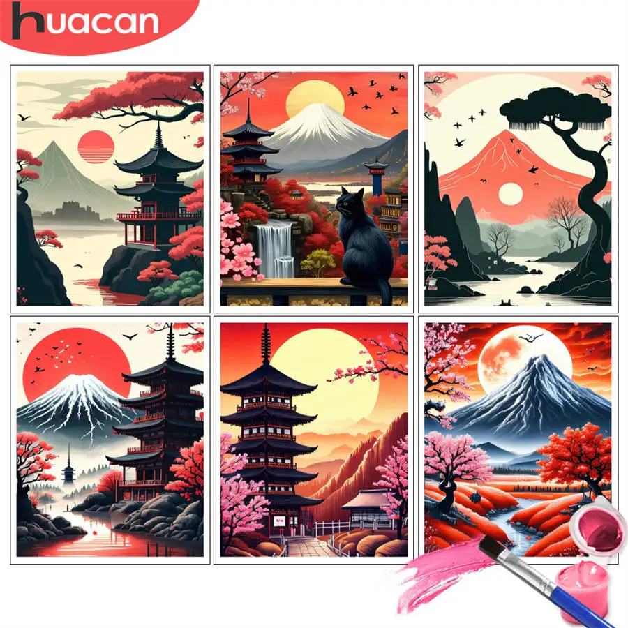 HUACAN Malen nach Zahlen Kits Zen Pagode Sonnenuntergang Silhouette DIY Ölgemälde Landschaft Artcraft Handpaint Home Decor