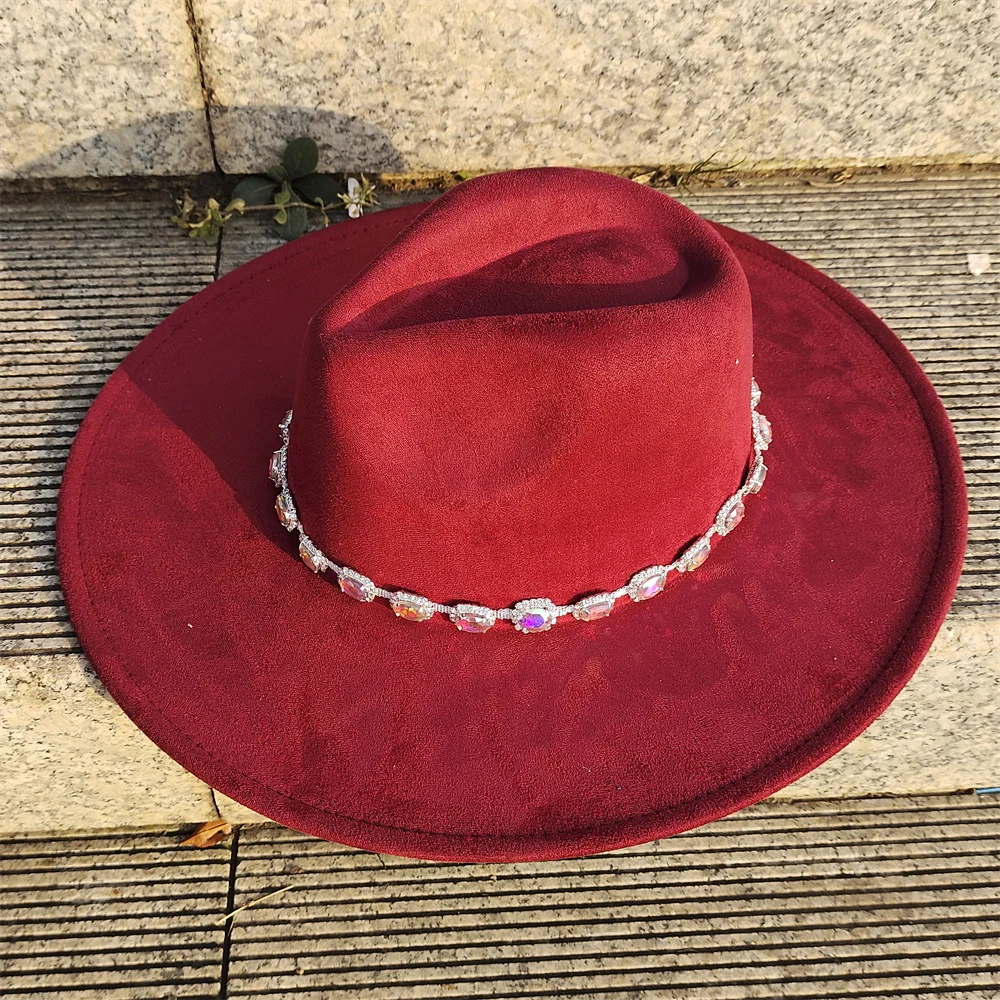 New Colorful Suede Fedora Hat Men's and Women's Width 9.5cm Jazz Hat Green Gentleman Hat Rhinestone Chain Accessories Fashion