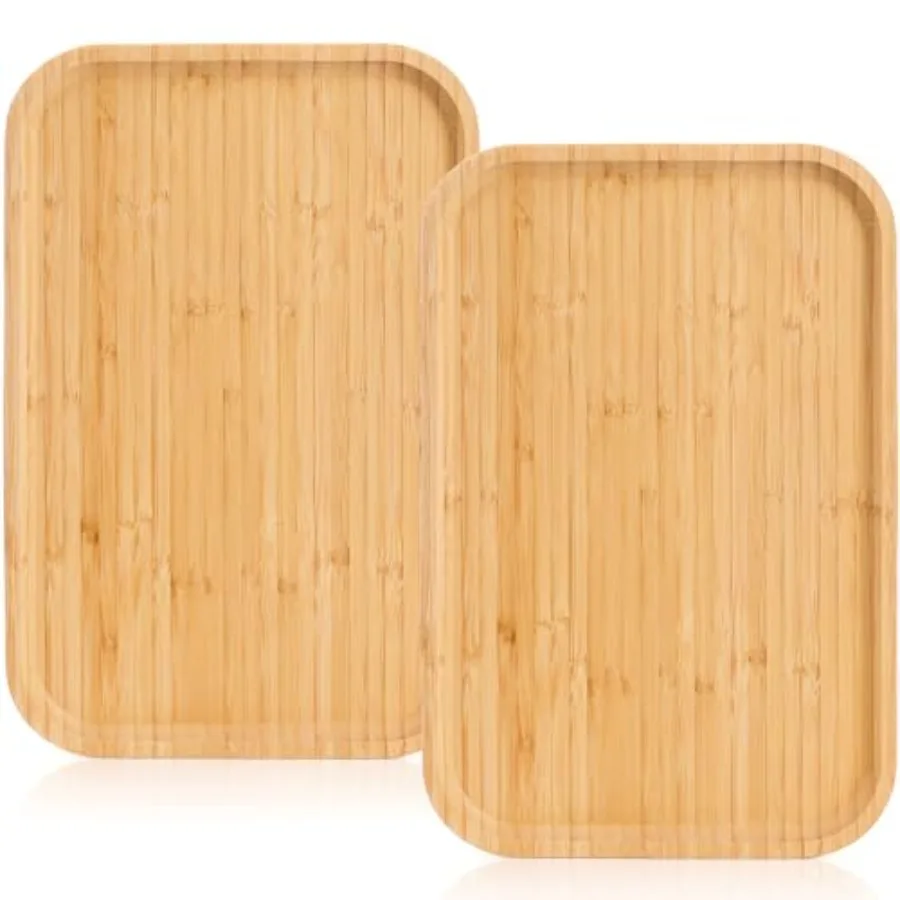 

2 Pack Bamboo Tray Cheese Plate 14x9 Inches Food Serving Saucer Wood Rectangular Platter for Coffee Tea Fruit Plant Pot