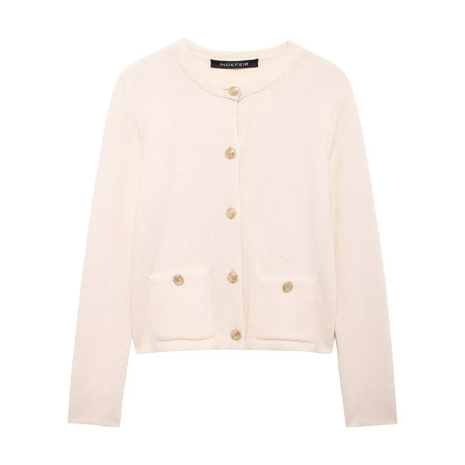 เสื้อสเวตเตอร์ถักประดับกระดุมสีทองแฟชั่น เสื้อคลุมคาร์ดิแกนแบบเปิดอเนกประสงค์สำหรับผู้หญิง ผ้าบางปานกลาง รุ่นพิเศษสำหรับขายออนไลน์