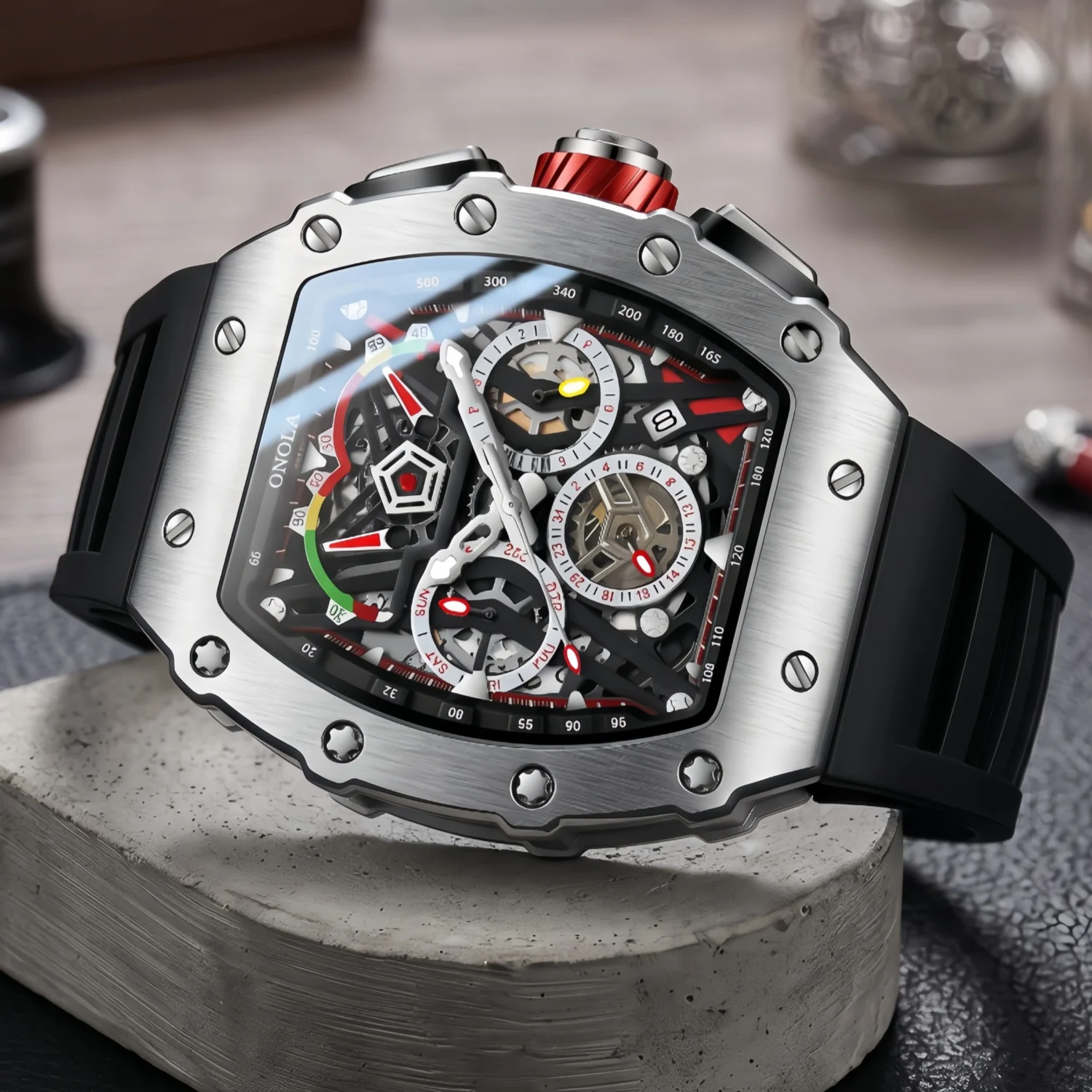 ONOLA Men's Mechanical Watch Silicone Strap Multi Functional Calendar Waterproof Watch, Daily Fashion Style, Gift for Him