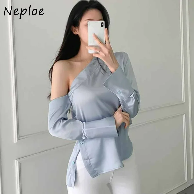 Neploe Irregular One-shoulder Design Sexy Blouses Shirts Women Slim Waist Solid Color Camisas Mujer Temperament Blusas Tops