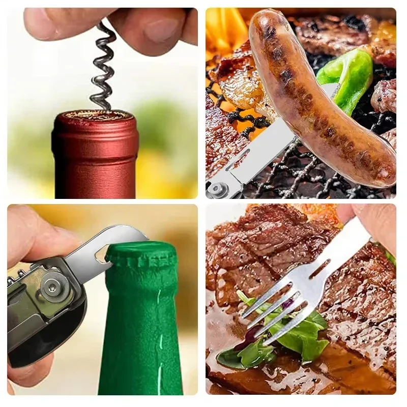 Outdoor Stainless Steel Multifunctional Camping Folding Knife Fork Spoon Cutlery Set Lightweight Portable Utensil for Hiking