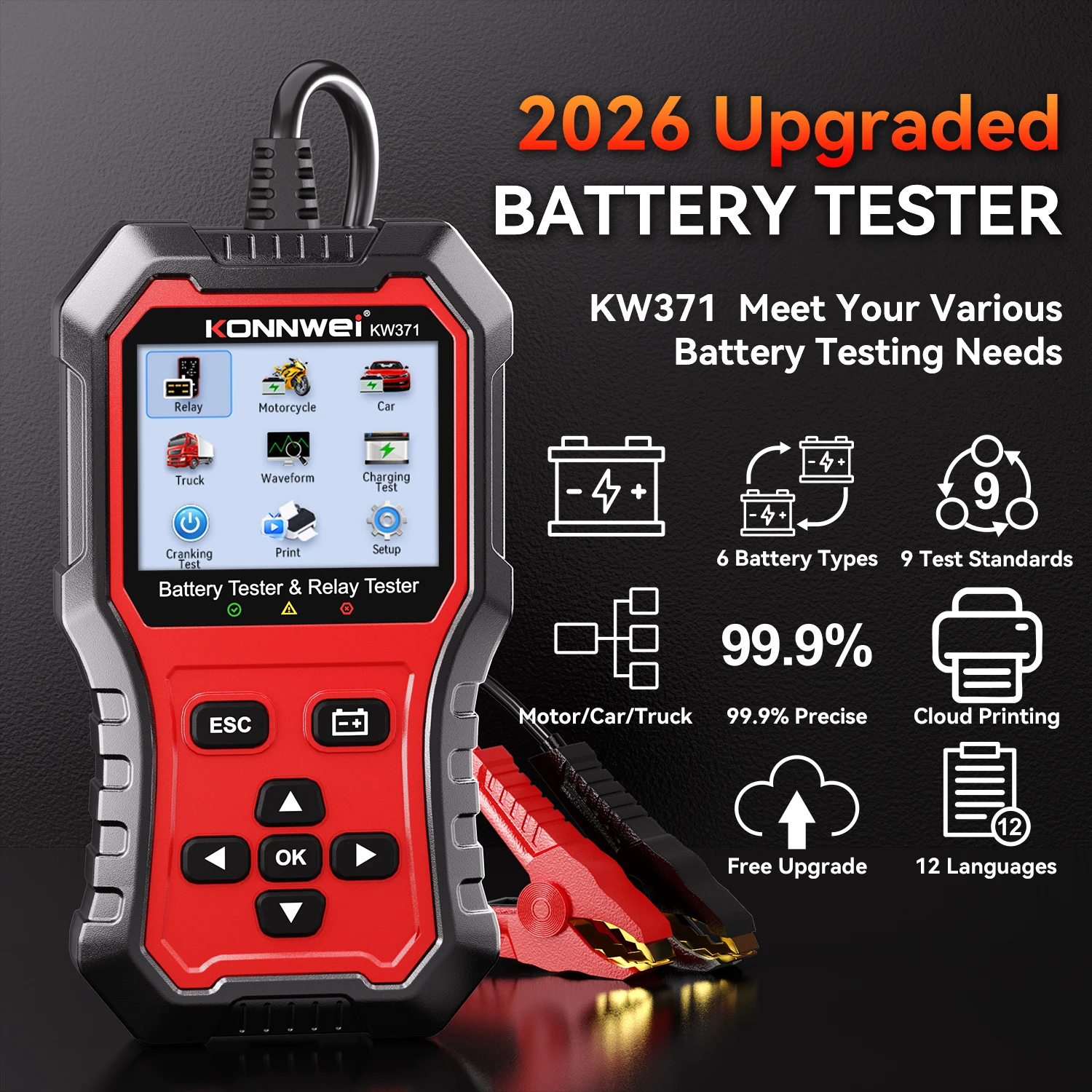 Picture 4: 2026 KONNWEI KW371 2in1 Car Battery Tester & 4 Pin 5 Pin Relay Tester 6V 12V 24V Fault Data Print Start Test Charging Scan Tool