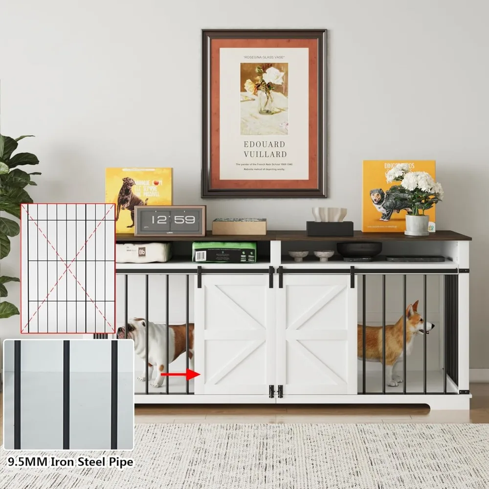 large double dog crate furniture 72.4" indoor dog kennel with sliding barn door and divider,heavy duty dog crate wooden tv stan