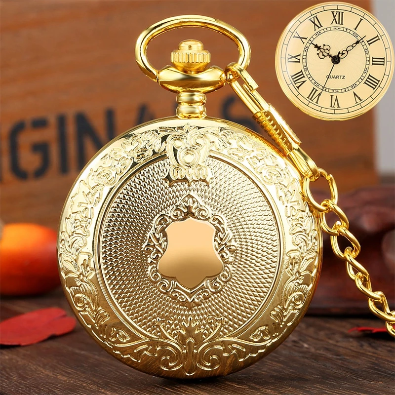 Cadena de reloj de bolsillo de cuarzo con diseño de escudo tallado hecho a mano, de lujo, Color dorado, con gancho de cintura de 30cm