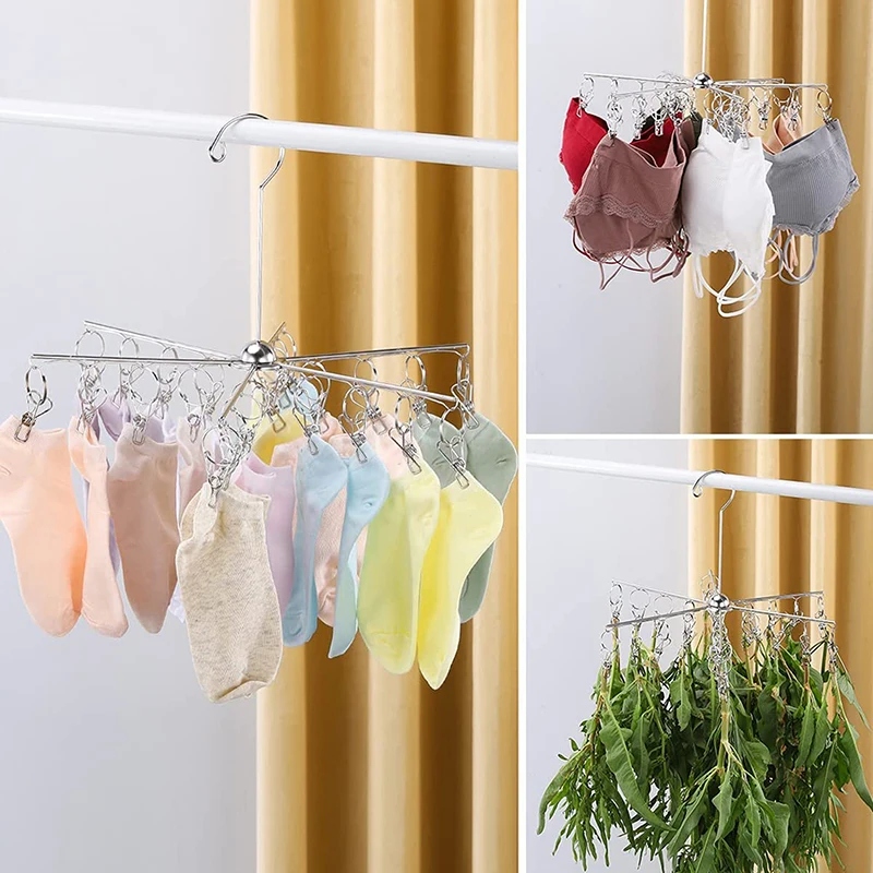 Foldable Stainless Steel Underwear Socks Dryer Laundry Rack Clothes Hanger Airer Rust Resistant Strong Grip Clips