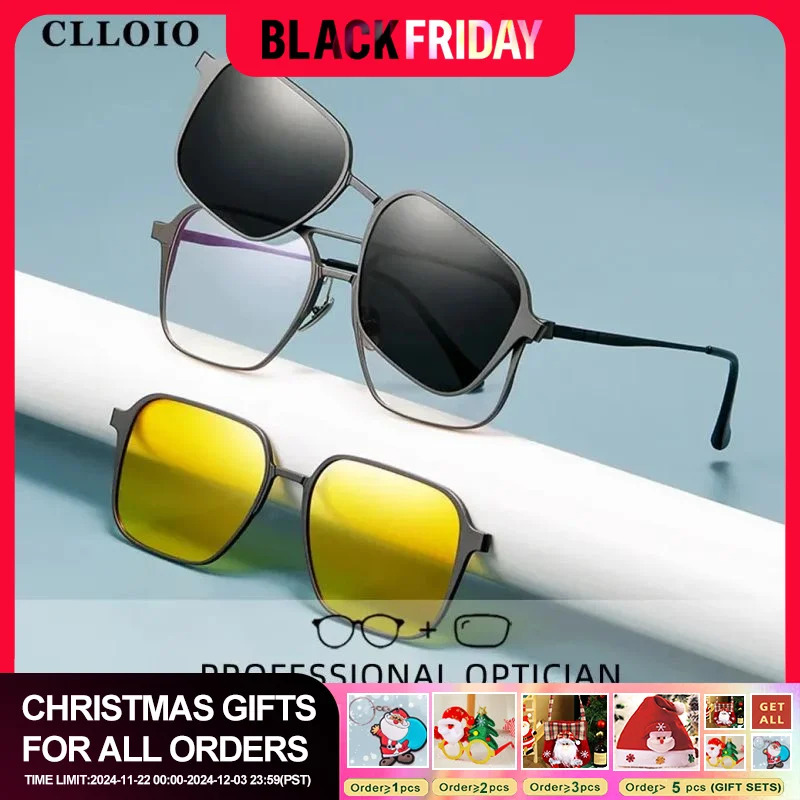 CLLOIO Aluminium 3 In 1 Magnet Clip Optical Myopia Glasses For Men Polarized Sunglasses Hyperopia Prescription Reading Glasses