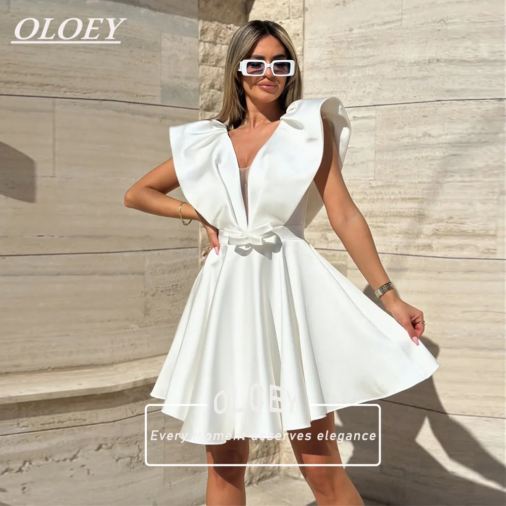 OLOEY Simple Short A-Line Wedding Dress Pleated Soft Satin Puffy Mini Bridal Gown Customized Corset Robe De Mariage
