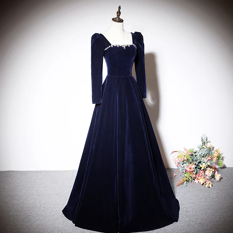 Navy Blue Square Collar Evening Dress Full Sleeves Pleat A-Line Lace Up Velour Floor-Length Plus Size Party Dresses Woman XE084