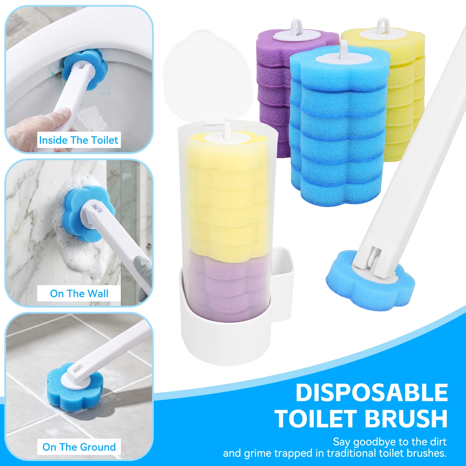 Kit de Cepillo de Inodoro Desechable con Mango Largo, Herramienta de Limpieza para Baño 360 °   Limpiador de inodoros higiénico No Dead Corners con recambios