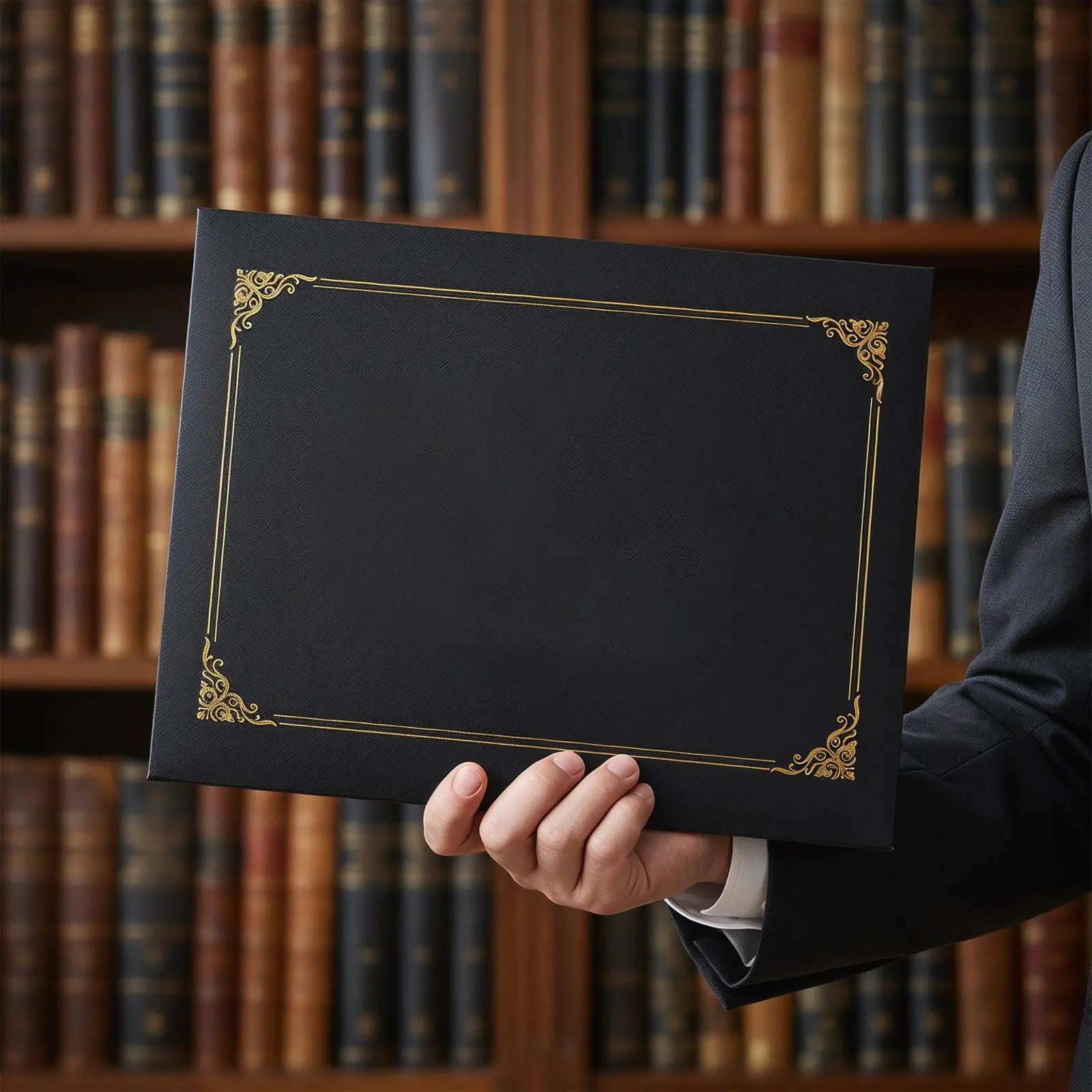6Pcs Black Document Folder Holder Certificate Gold Foil Border 5X11 Diploma Graduation Award Folders School Office
