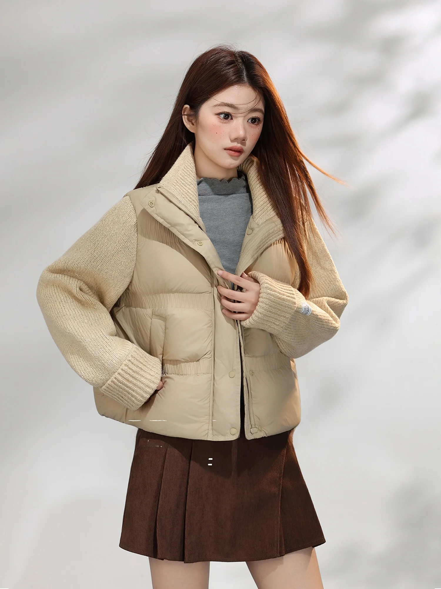 

Новая женская зимняя куртка свободного кроя из хлопка с воротником-стойкой, вязаными вставками и пэчворком в корейском стиле, теплая верхняя одежда